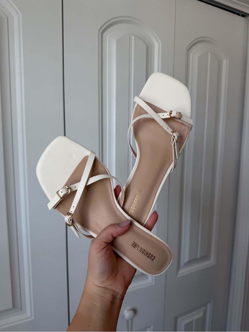 Cushionaire Women’s White Strappy Square-Toe kitten heel